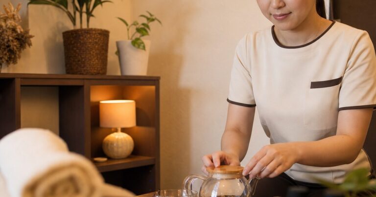 アイボリーとブラウンを基調にした清潔な個室で、施術者が落ち着いたもみほぐしを行うリラクゼーションサロンの様子