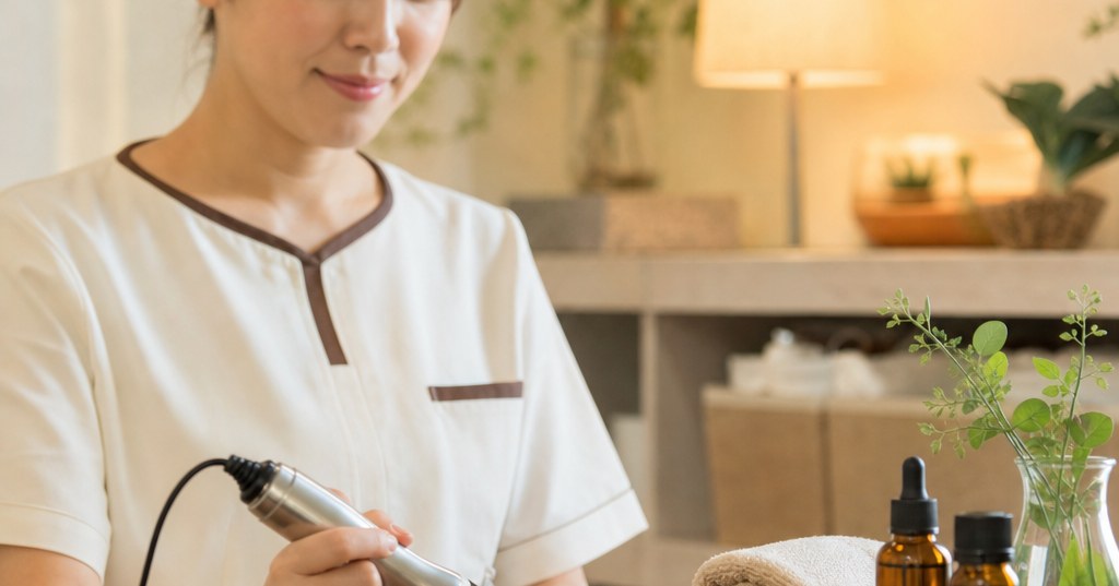 アイボリーとブラウンを基調にした清潔な個室で、産後の体調に配慮したもみほぐしを行うリラクゼーションサロンの施術風景
