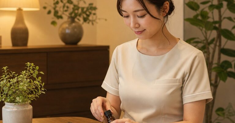 アイボリーとブラウンで整えた個室で、施術者が産後の女性の肩まわりをやさしくもみほぐしている様子