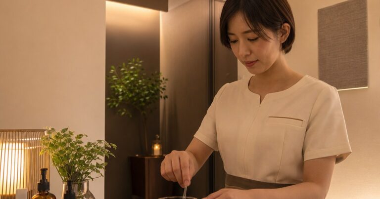 天神で姿勢改善を考える仕事帰りの人が、アイボリーとブラウンの個室で肩まわりのもみほぐしを受けている