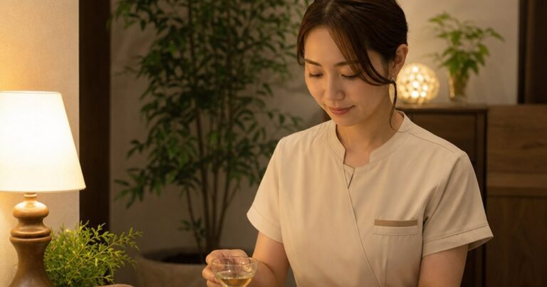 アイボリーとブラウンの清潔な個室で、仕事終わりの肩こりに合わせてもみほぐしを受ける様子