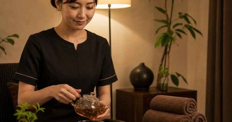 天神でスマホを見る時間が長く首こりを感じる人に向けた、アイボリーとブラウンの個室で行うもみほぐしの施術