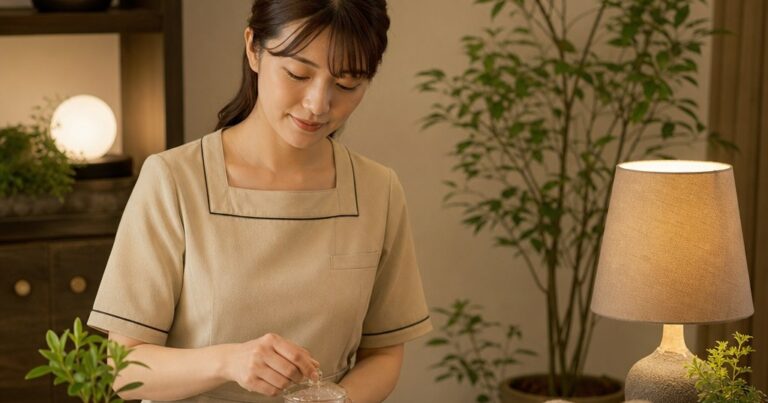 アイボリーとブラウンで整えた個室で、スタッフがもみほぐしを行う落ち着いたリラクゼーションサロンの施術風景
