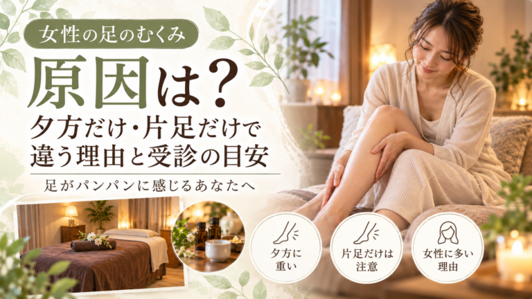 女性がむくみを感じる脚を手で押さえている様子と、「女性の足のむくみ 原因は？夕方だけ・片足だけで違う理由と受診の目安」と書かれた記事のアイキャッチ画像