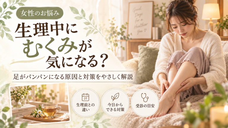 生理中のむくみに悩む女性が脚をやさしくさすっている様子と、「生理中にむくみが気になる?」と書かれた記事のアイキャッチ画像