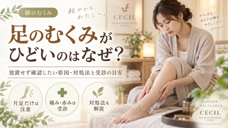 足のむくみがひどく、ふくらはぎを気にする女性の様子と、「足のむくみがひどいのはなぜ?」と書かれた記事のアイキャッチ画像